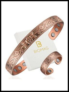 Pure Copper Magnetic Bracelet Ring Set Flower Engraved Gift